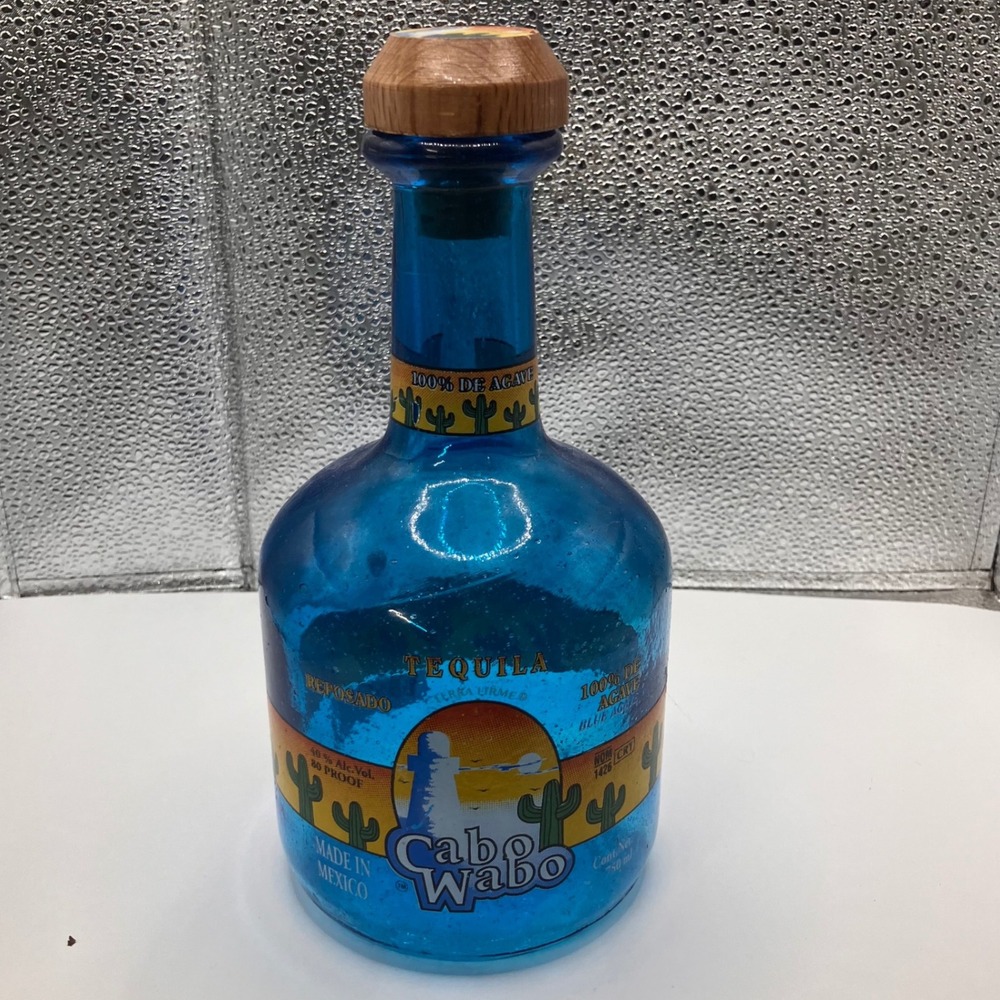 Cabo Wabo‎ Tequila Blue Glass Bottle Wooden Cork Top Desert Cactus Design